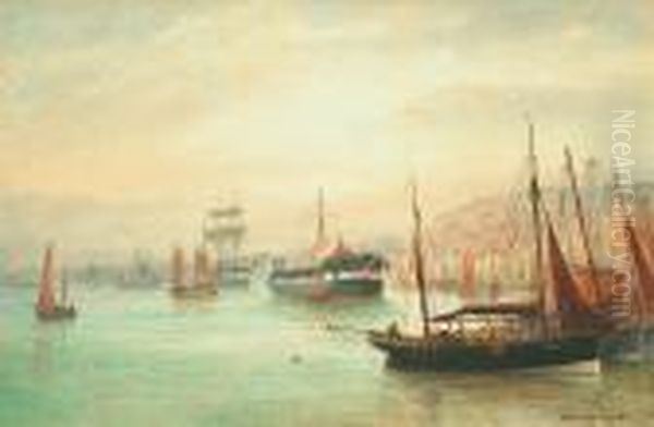 An Estuary Scene With Fishing Boats, South Shields Oil Painting by Bernard Benedict Hemy