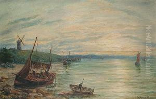 Fishing Off A Coastline With A Windmill Beyond Oil Painting by Bernard Benedict Hemy