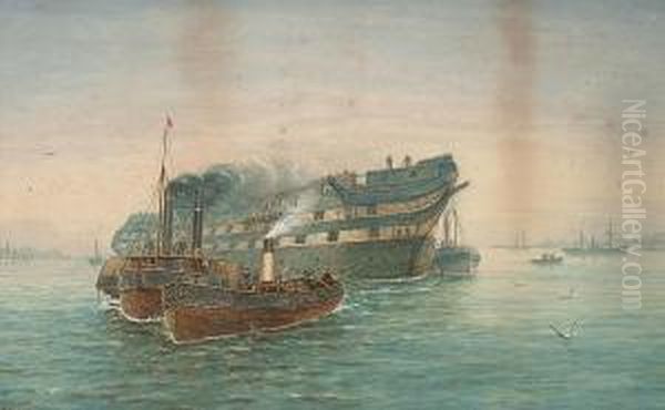 A Hulk Towed By Tugs On The Tyne Oil Painting by Bernard Benedict Hemy