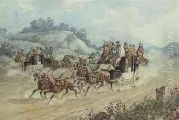 The Lymington To Poole Stage Coaches Passing Each Other On Theroad Oil Painting by Charles Cooper Henderson