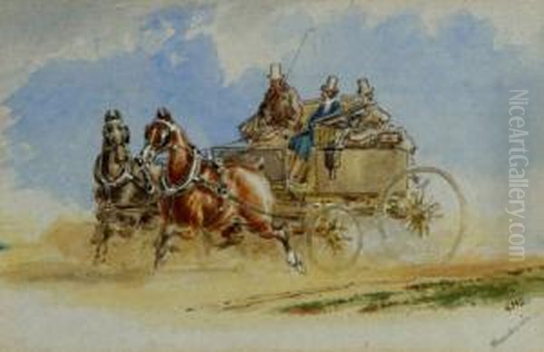 A Coach At Speedwith Two Passengers Oil Painting by Charles Cooper Henderson