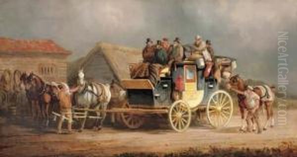 The Worcester To London Coach Changing Horses Oil Painting by Charles Cooper Henderson