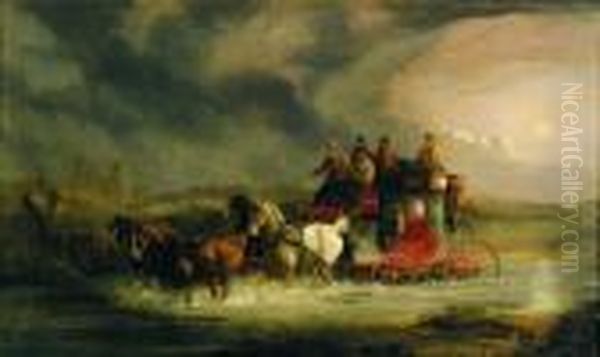 Attributed To Charles Cooper Henderson Crossing The Ford Oil Painting by Charles Cooper Henderson