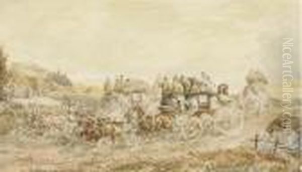 Two Opposition Coaches Passing At Speed Oil Painting by Charles Cooper Henderson