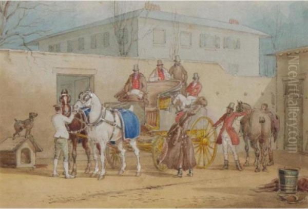 A Coach And Horses In A Stable Yard Oil Painting by Charles Cooper Henderson