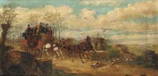 A Stagecoach And A Hunting Party At A Junction In The Road Oil Painting by Charles Cooper Henderson