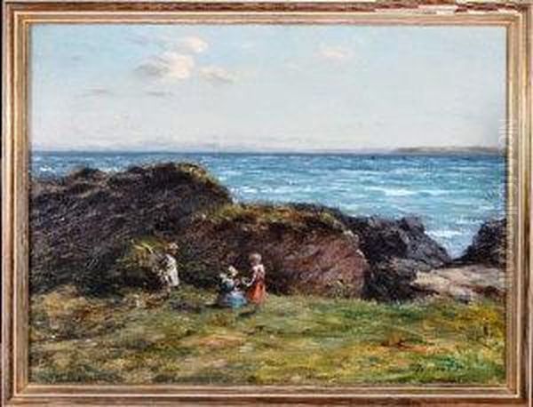 A Scottish Coastal Landscape With Three Children Picnicking Oil Painting by John Henderson