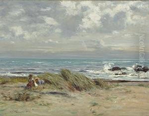 A Beach Scene With Children Playing Oil Painting by John Henderson