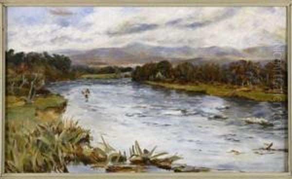 Fishing On The River Stinchar, Ayrshire Oil Painting by Joseph Henderson