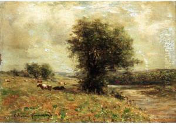 A Summer Meadow View By The River Stinchar, Ayrshire Oil Painting by Joseph Henderson