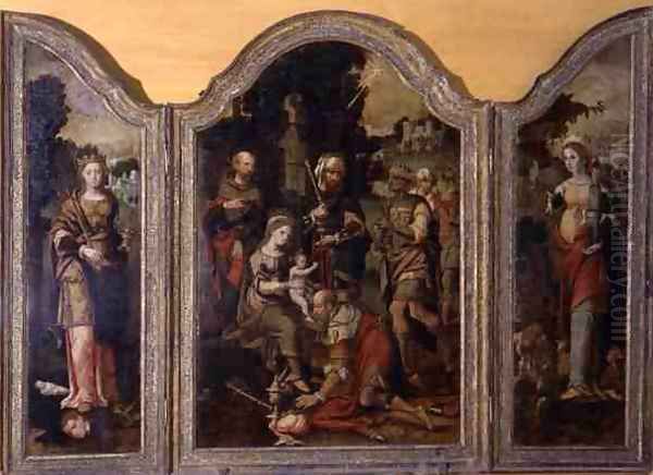 Triptych depicting the Adoration of the Magi and two saints Oil Painting by Pieter Coecke Van Aelst