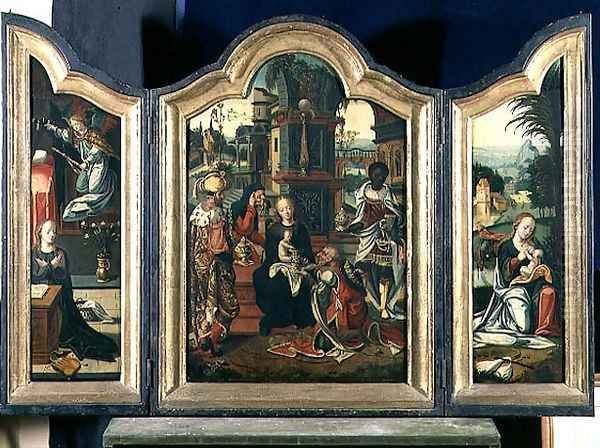 Triptych: The Adoration of the Magi (central panel), The Annunciation (LH panel),The Rest on the Flight into Egypt (RH panel) Oil Painting by Pieter Coecke Van Aelst