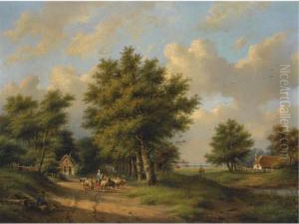 A Summer Landscape With A Shepherdess On A Country Road Oil Painting by Gerardus Hendriks