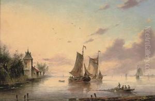 Fishing In A Dutch Estuary Oil Painting by Gerardus Hendriks