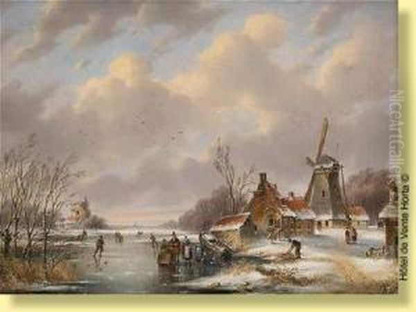 Patineurs Sur Un Bras De Mer Gele Oil Painting by Gerardus Hendriks