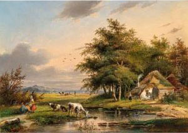 Cows In A Meadow, Travellers Resting Nearby Oil Painting by Gerardus Hendriks