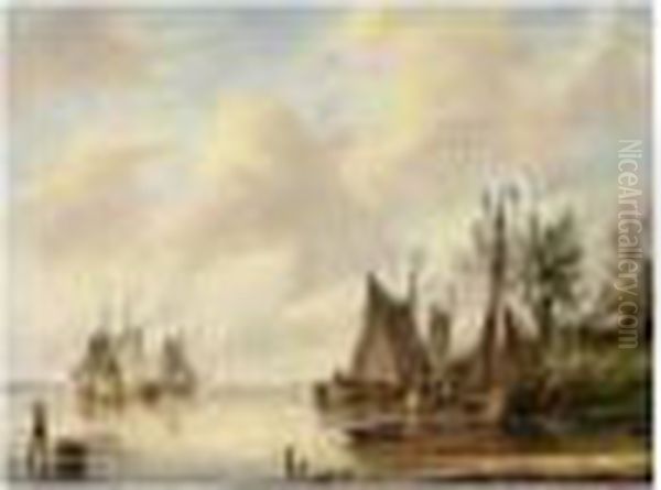 Fishing Boats In An Estuary Oil Painting by Gerardus Hendriks