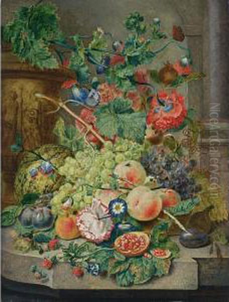 A Still Life With Grapes, 
Peaches, Prunes, A Melon, A Pomegranate, Raspberries, Together With 
Morning Glory, An Opium Poppy, Hollyhocks And A Rose, All On A Marble 
Ledge Together With A Butterfly, A Fly And Ants, A Terracotta Vase 
Displaying A Cla Oil Painting by Wijbrand Hendriks