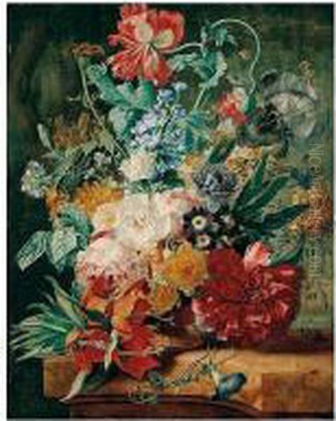 A Still Life Of Spring Flowers 
Including Roses, Tulips, Narcissi, Peonies, Carnations, Gentians, 
Fritillaries, Daffodils, Irises, Bluebells And Morning Glory, In A 
Carved Stone Urn Upon A Marble Ledge In A Garden Setting Oil Painting by Wijbrand Hendriks