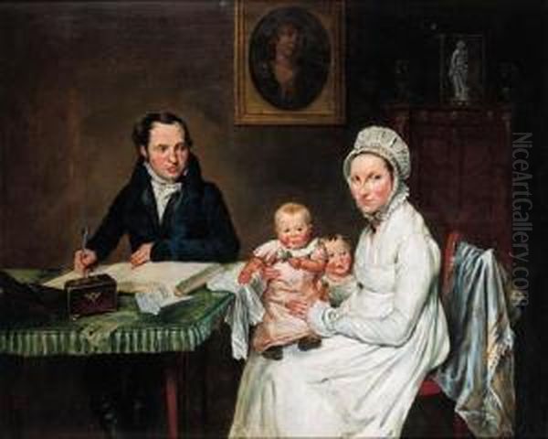 A Family Portrait: A Gentleman 
Writing In A Book, His Wife Withtheir Two Children Seated Next To Him, 
In An Interior Oil Painting by Wijbrand Hendriks