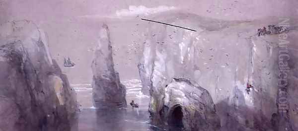 View of Flamborough Head, showing a Group of Men gathering Gulls' Eggs Oil Painting by George Bryant Campion