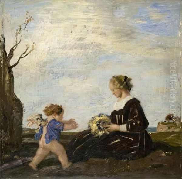 Dame Mit Blumenstrauss Und Putto Oil Painting by Adolf Hengeler