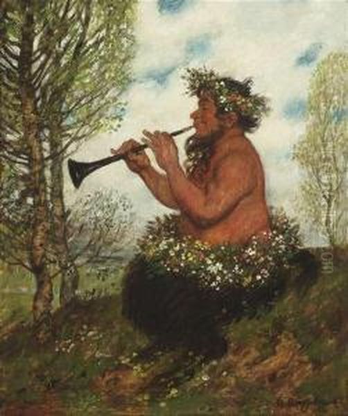 A Faun Playingflute Oil Painting by Adolf Hengeler