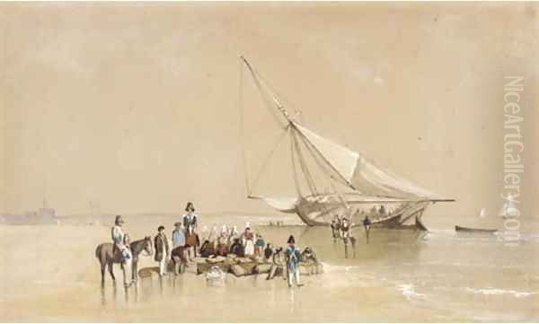 Unloading the supplies on the Breton coast, with customs men checking the cargo Oil Painting by George Bryant Campion