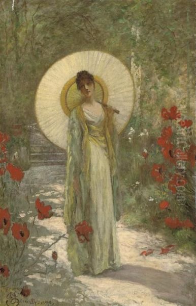 A Young Girl With A Parasol In A Summer Garden by William John Hennessy