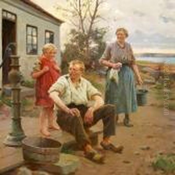 Farmer Family Gathering After The Day's Work Oil Painting by Erik Henningsen