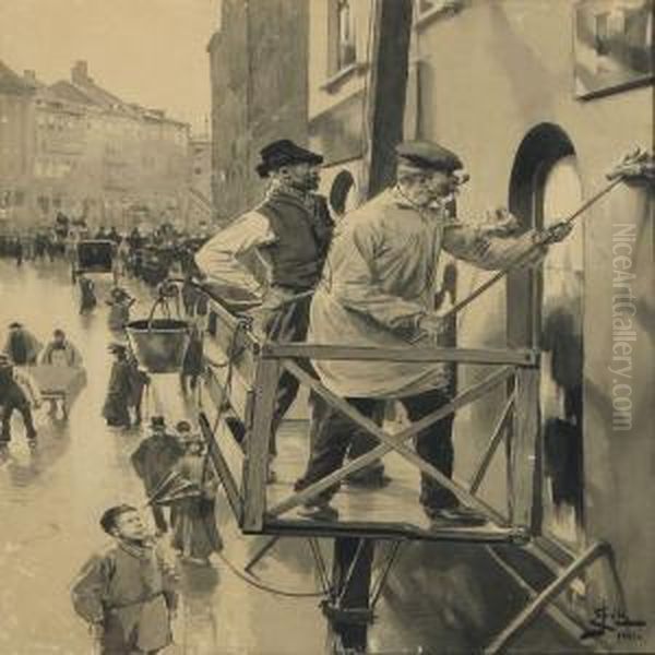 Street Scenery Fromcopenhagen, With Men Liming A Building Oil Painting by Erik Henningsen