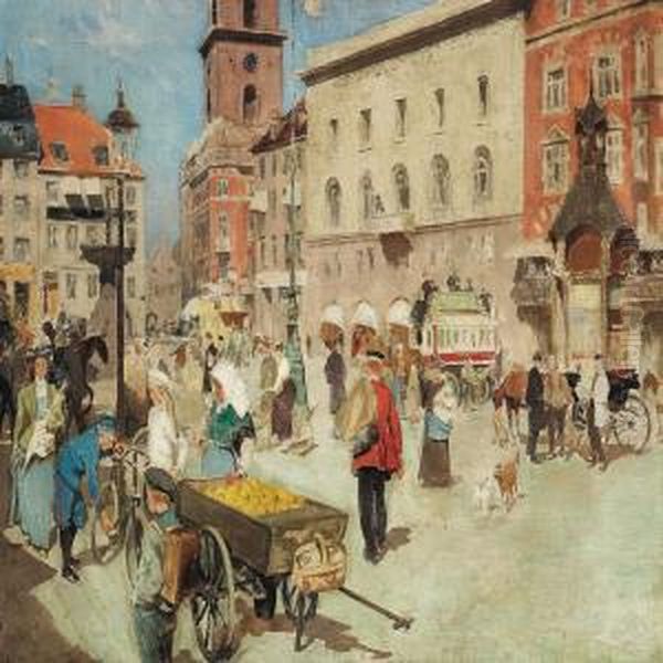 Street Life In Gammel Torv In Copenhagen With A Postman Anda Fruit Stall Oil Painting by Erik Henningsen