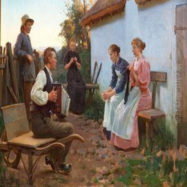 Summer Evening With Young People Listening To A Musician Playing The Accordion Oil Painting by Erik Henningsen