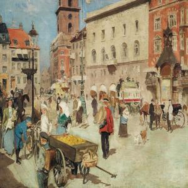 Street Life In Gammeltorv In Copenhagen With A Postman And A Fruitseller Oil Painting by Erik Henningsen