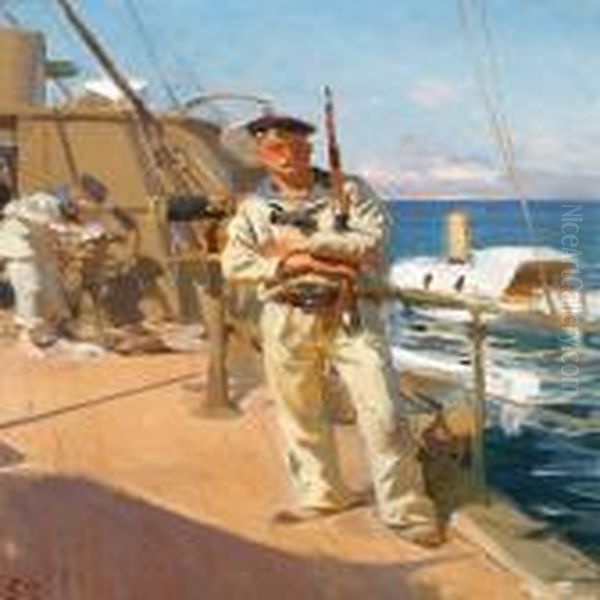 Naval Gunner On Boarda Warship Oil Painting by Erik Henningsen