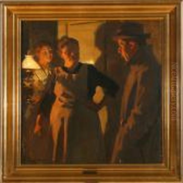 Three People Talkingin A Doorway In The Light From A Lamp Oil Painting by Erik Henningsen