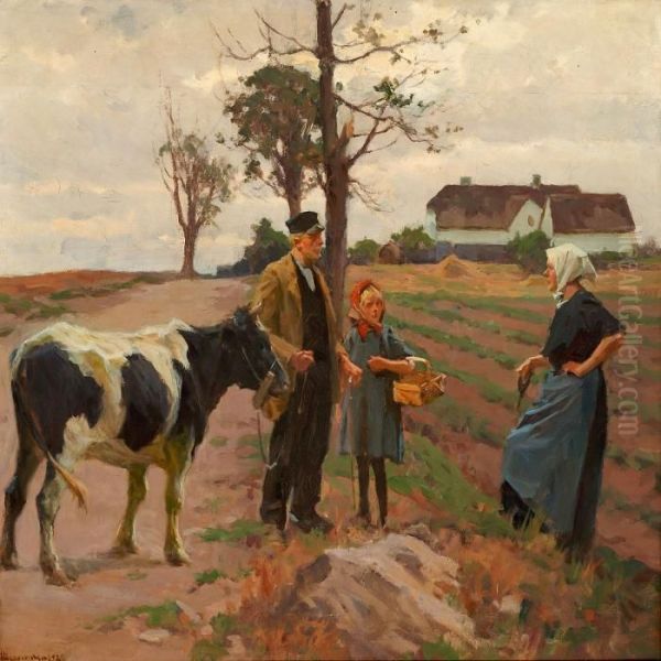 A Grandfather And His Grandchild On Their Way To The Market Oil Painting by Erik Henningsen