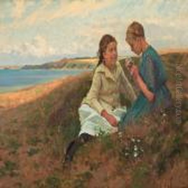 Two Girls Picking Flowers Oil Painting by Erik Henningsen