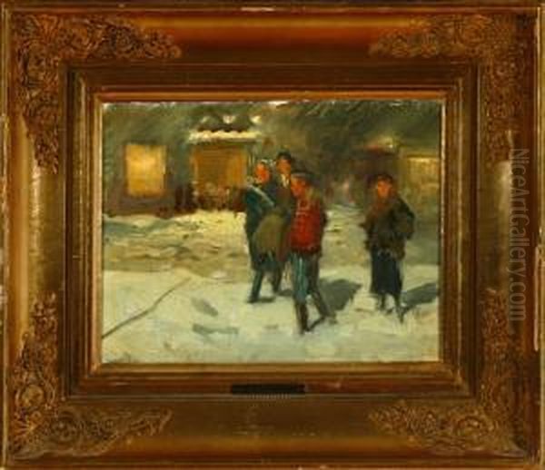 Soliders Are Carrying A Woman Across Snowdrifts Oil Painting by Erik Henningsen