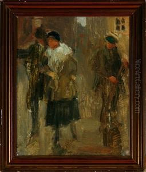 A Man And A Woman Walking On A Street Oil Painting by Erik Henningsen