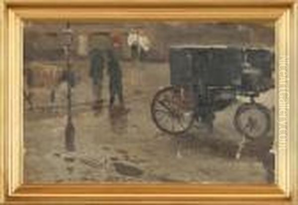 Streetscenery With People And A Coach Oil Painting by Erik Henningsen