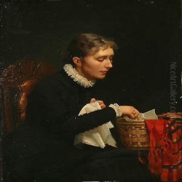 A Woman With Her Needlework Oil Painting by Frants Peter Didrik Henningsen