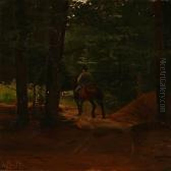 A Horseman In A Forest Oil Painting by Frants Peter Didrik Henningsen