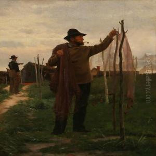 A Fisher With Hes Net Oil Painting by Frants Peter Didrik Henningsen