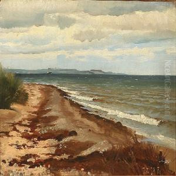 Coastal Scene With Dark Clouds Oil Painting by Frants Peter Didrik Henningsen