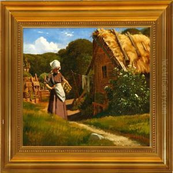 A Young Woman Carrying Wood Near A Farm Oil Painting by Frants Peter Didrik Henningsen