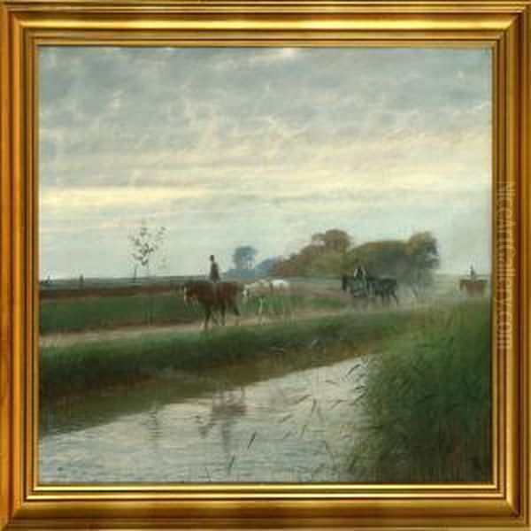 A Man Is Driving His Horses Home Oil Painting by Frants Peter Didrik Henningsen