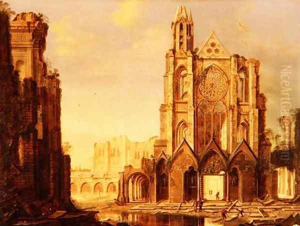 A ruined abbey with workmen Oil Painting by Hendrik Frans de Cort