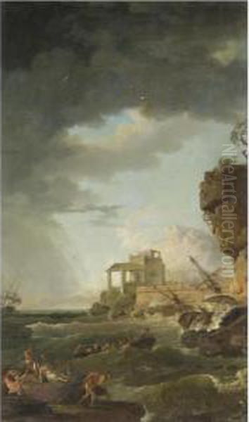 A Shipwreck Off A Rocky Coast Oil Painting by Jean Henry D'Arles