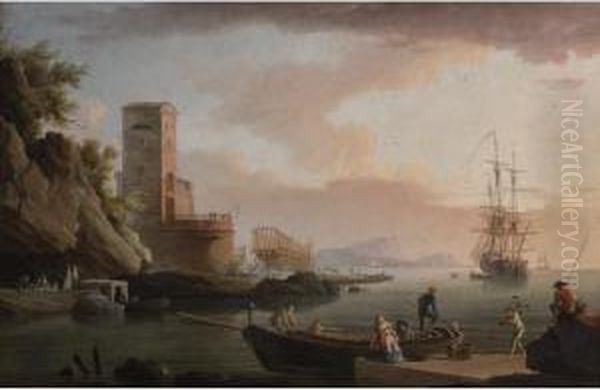 Mediterranean Harbor With A Shipyard Oil Painting by Jean Henry D'Arles